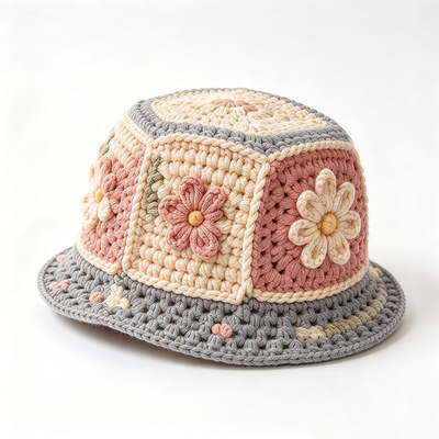 Wide Brim Patchwork Floral Crochet Bucket Hat Lightweight Breathable Sun Protection for Vintage Daily Streetwear