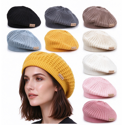 Custom Knitted Beret Hat for Women Hollow Out Handmade Beret Solid Color Soft Beanie Beret for All Seasons Casual Wear Support Customization
