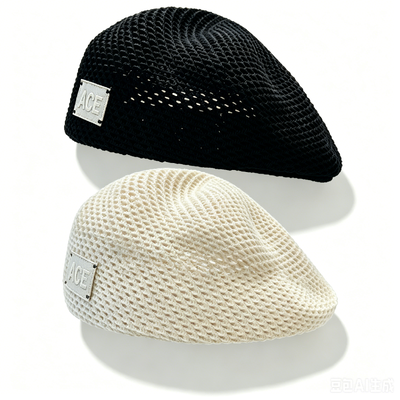 Classic Hollow Mesh Knit Beret Hat ACE Leather Label Beret Breathable Solid Color Beret For Fashion Street Daily Wear Support Customization