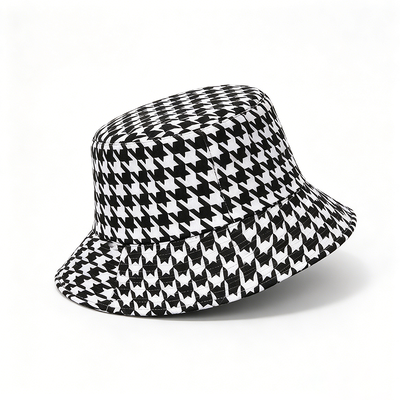 Recycled Fabric Houndstooth Bucket Hat Casual Lightweight Breathable Hat For Daily Outdoor Activities
