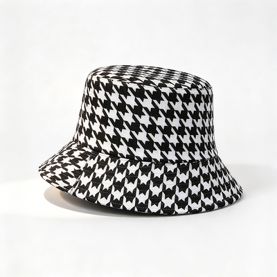 Recycled Fabric Houndstooth Bucket Hat Casual Lightweight Breathable Hat For Daily Outdoor Activities