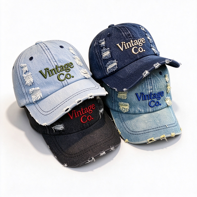 Distressed Vintage Denim Dad Hat Mit Hochgezogener Stickerei Handwäsche empfohlen Verstellbarer Riemen für verschiedene Kopfgrößen
