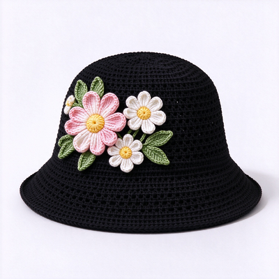 20 Jahre Erfahrung in der Kappe 3D Floral Applique Crochet Bucket Hut aus Baumwollgarn geeignet für Reisen Strand Alltags Streetwear