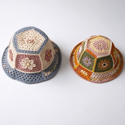 Breiter Krempen-Patchwork-Hut mit Blumenhäkelung, leicht und atmungsaktiv, Sonnenschutz für Vintage-Tages-Streetwear
